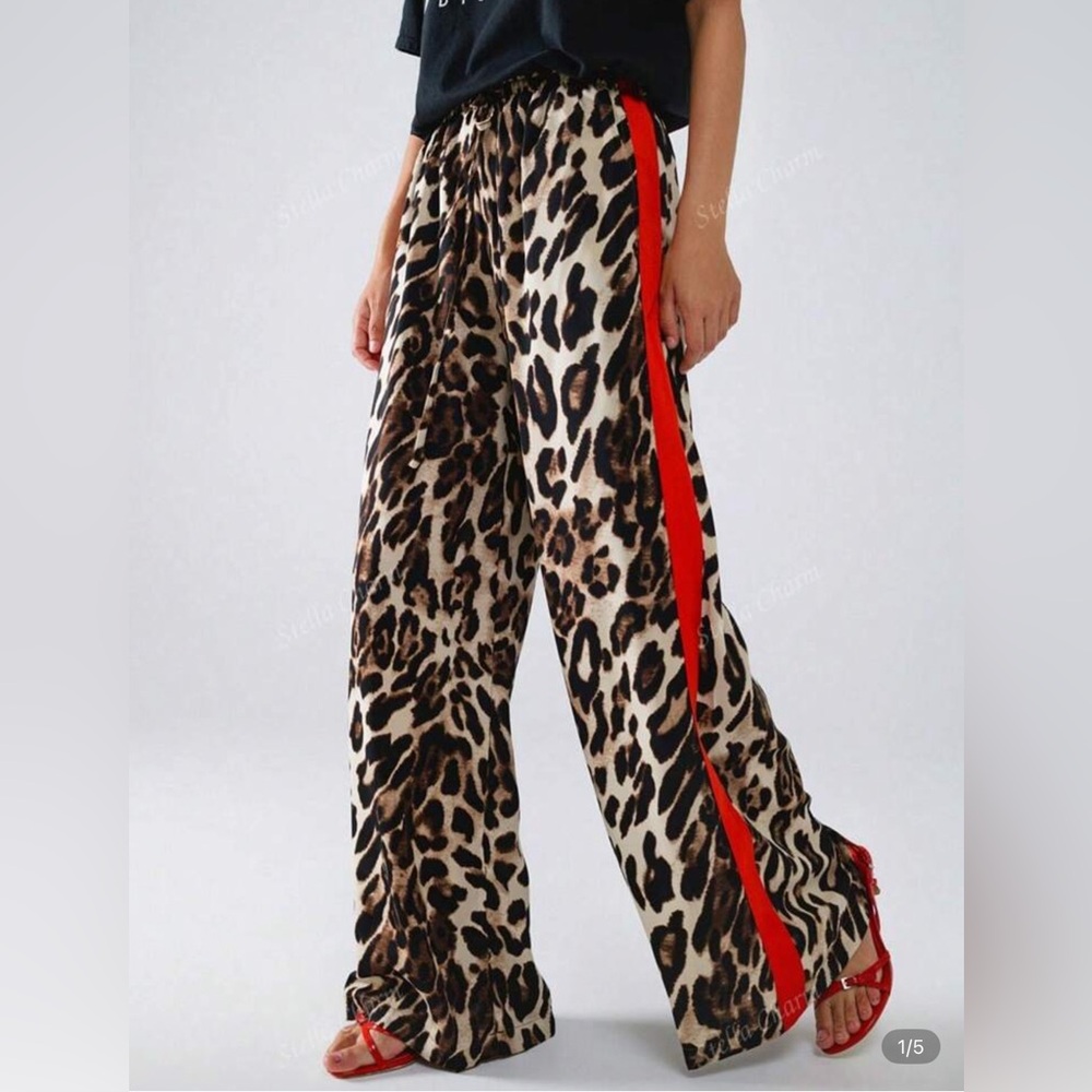 Leopard Print Wide-Leg Pants with Red Stripe
